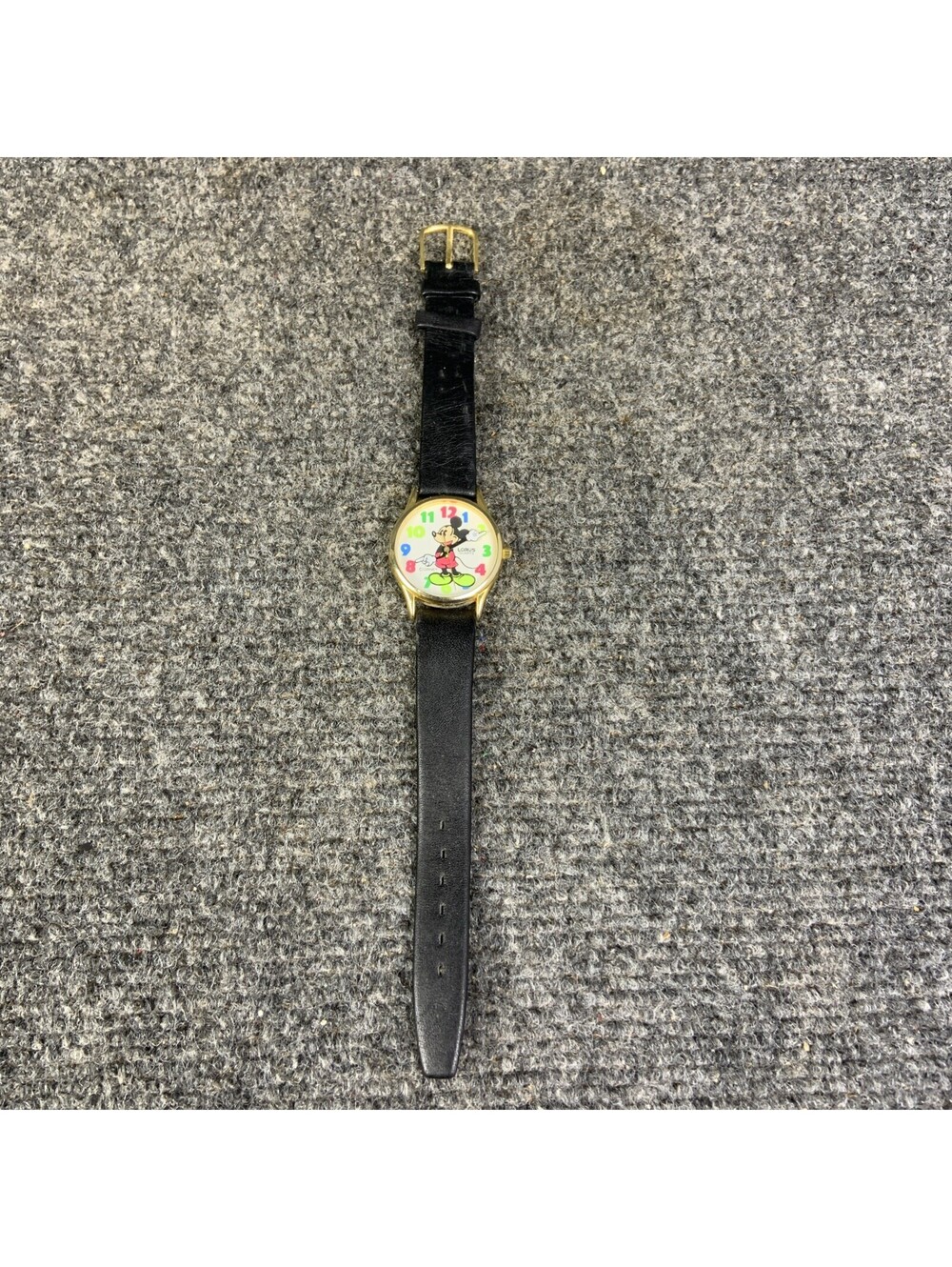 Vintage Lorus Mickey Mouse Watch Black Leather Quartz GoldTone Disney Rare Neon